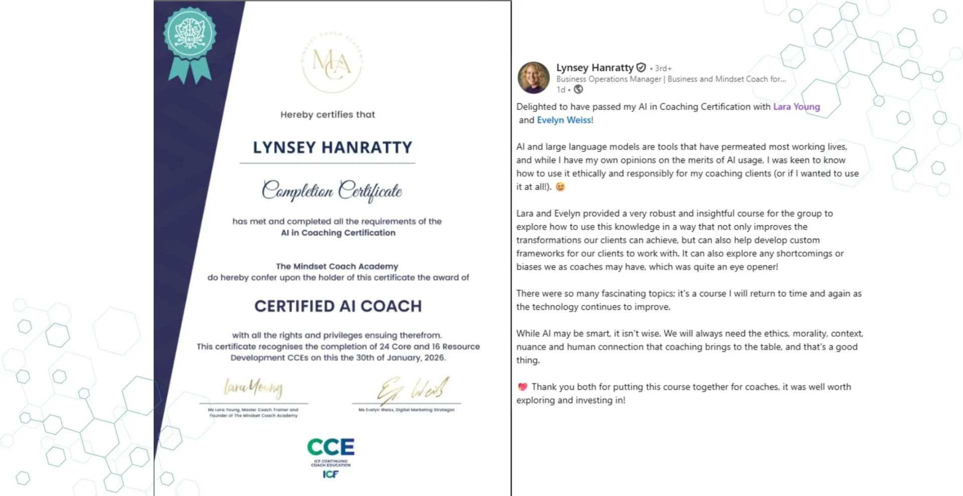 Lynsey Hanratty AI in Coaching Certification certificate and LinkedIn post